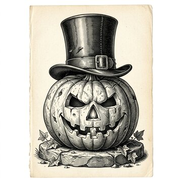 Vintage engraved illustration jack o lantern halloween pumpkin with a top hat isolated on transparent background