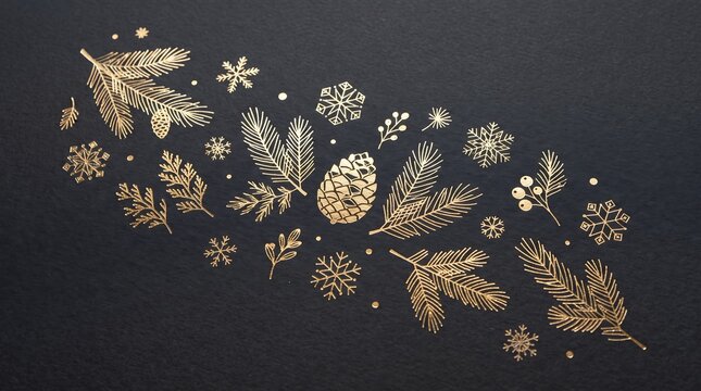 Gold foil winter botanical illustrations pine branches and snowflakes on dark paper