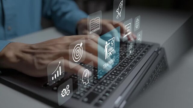Digital training motivation skills development concept. Person using laptop with learning course, success ladder and skill badge icons, workplace talent growth.