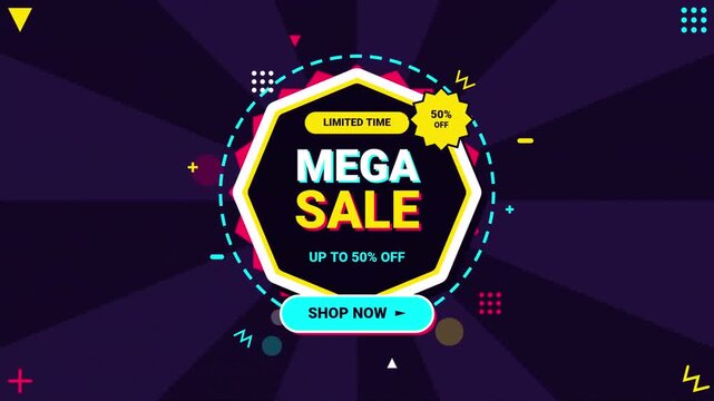 Dynamic Mega Sale Promotion Background with Motion Graphics and Vibrant Memphis Style Elements