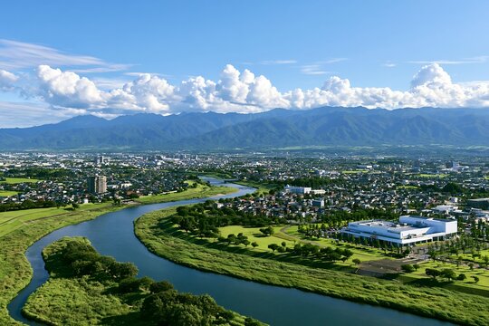 雄大な山々を背景に蛇行する川と広がる街並み青空