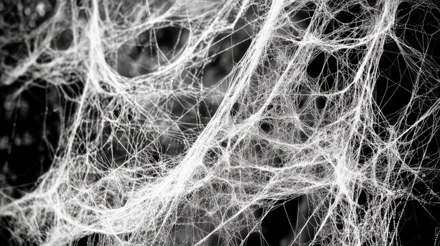 Dense white spiderweb texture on dark black background.