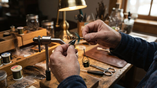 Craftsman hands tying feather fly fishing lure on rotary bench vise