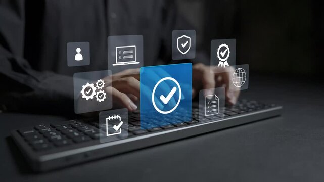 Quality control certification concept. Person typing on keyboard with ISO compliance badge, product approval checkmark and standard gear icons, corporate quality assurance system.