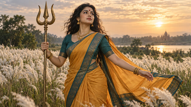Elegant goddess durga portrait with lotus flowers and teal festive background celebrating maha panchami durga puja and navratri traditional indian culture beautifully
