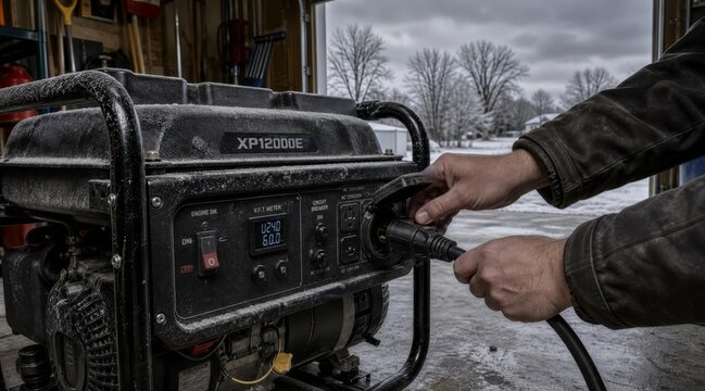Person plugging power cable into backup generator in winter garage