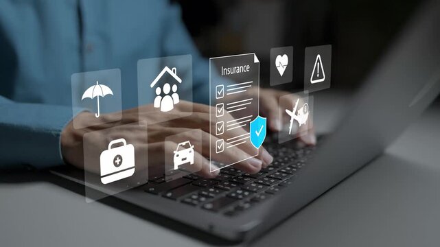 Digital health insurance platform concept. Person using laptop with medical protection, family health shield and claim icons, online wellness policy portal.