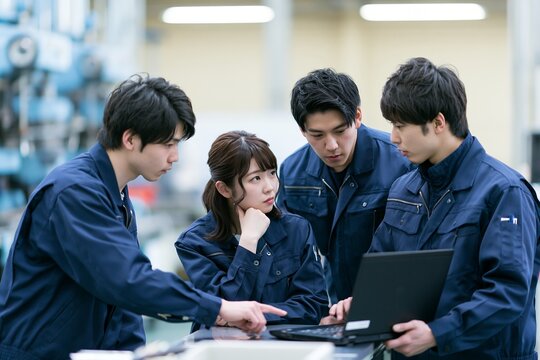 製造業の現場で若手社員がノートパソコンで技術を学ぶ協力的な姿