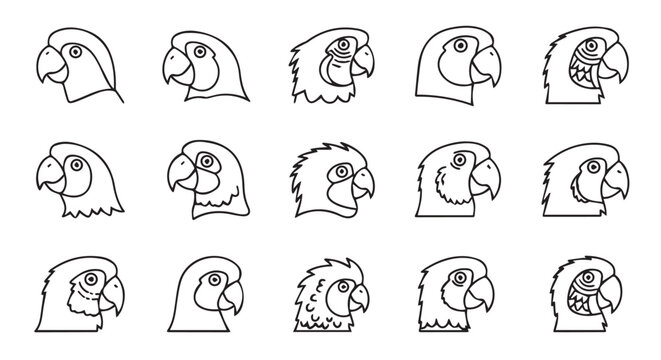 Collection of parrot head profiles in simple line art style against a white background for design