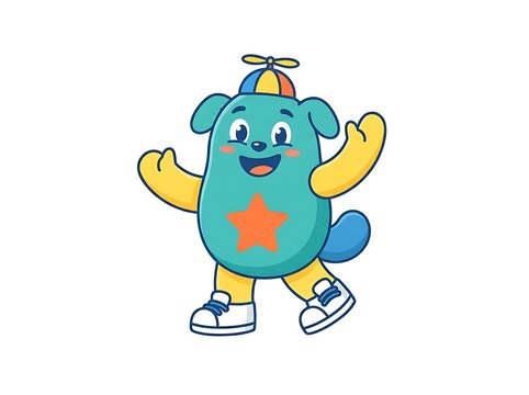 Cartoon dog character with star on chest dancing joyfully