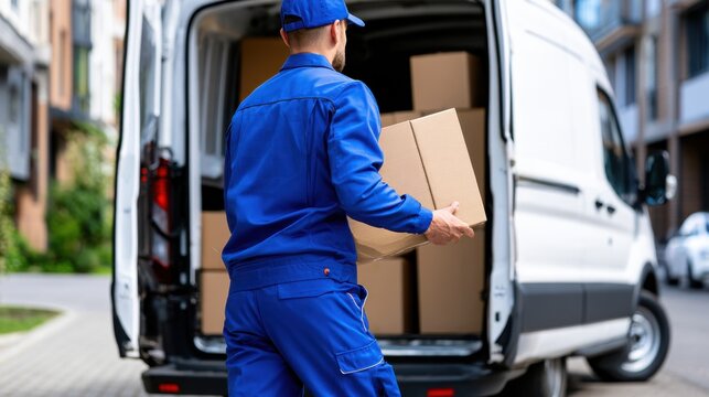 A delivery worker in blue uniform carries a cardboard box from a white van in a residential area