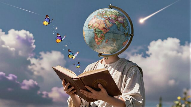 Globe-headed reader holds book, butterflies flutter through starry sky.