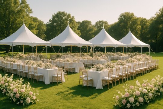 Outdoor garden lawn wedding venue, white peaked wedding tent, round banquet tables with gold chiavari chairs, pink‑white floral decor, elegant garden reception setup