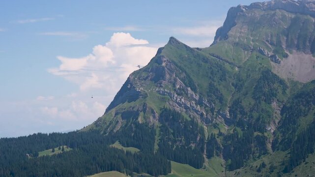 Pilatus Alpine Peak with Moving Cog Railway Cabins &ndash; Swiss Mountain Landscape