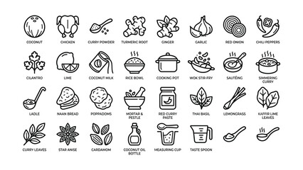 Fototapeta premium A set of hand drawn style culinary icons representing essential Thai and Indian curry cooking ingredients and kitchen tools