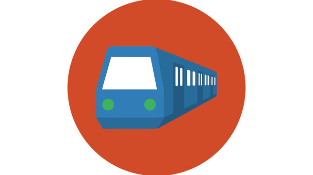 Blue train commuter vehicle icon displayed inside vibrant orange circle for modern public transportation system design