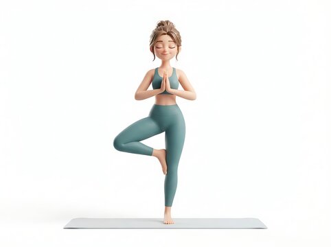 Woman practicing tree pose yoga on mat