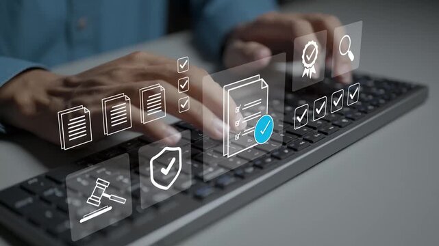 Audit business and compliance rules concept. Person typing on keyboard with checklist, regulatory stamp and protection shield icons, corporate policy inspection.
