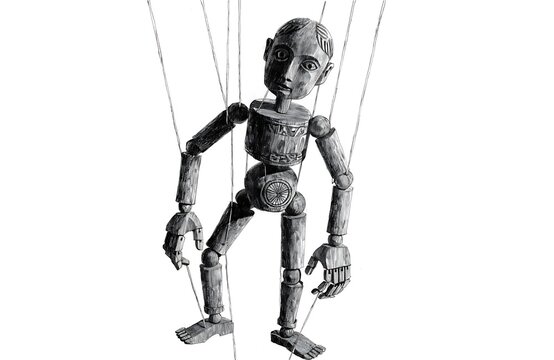 Robot puppet on marionette strings performing