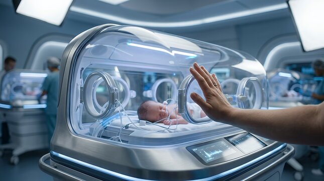 Emotional moment of a parent's hand touching a medical incubator glass in a modern neonatal intensive care unit with a premature newborn baby inside receiving professional healthcare support.
