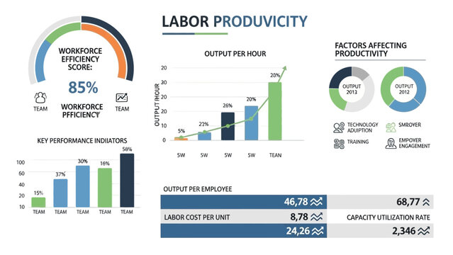 Labor Productivity Dashboard: Workforce Efficiency Score, Output Per Hour, and Key Performance Indicators