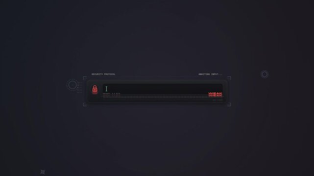 Futuristic HUD animation of a security protocol interface demonstrating password strength progression from weak to strong with AES 256 encryption and hashing algorithm activations until system secure