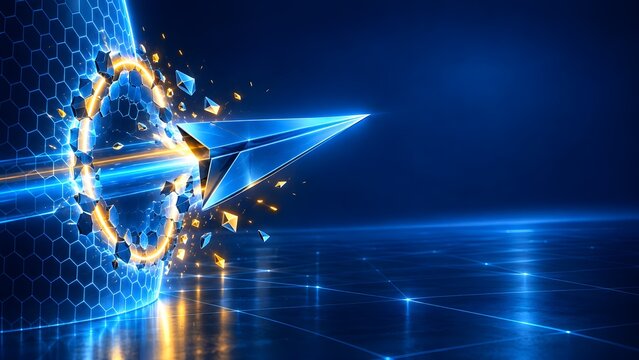 Metallic paper airplane breaking through a digital glowing hexagonal barrier representing technological breakthrough