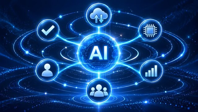 Glowing artificial intelligence core surrounded by floating functional icons connected by luminous network lines