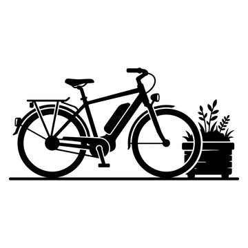 Silhouette of an electric bicycle next to a planter with plants, black and white vector illustration
