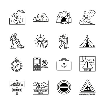 Mountain Climbing and Hiking Icons Set Isolated on Transparent Background - Adventure and Safety Symbols