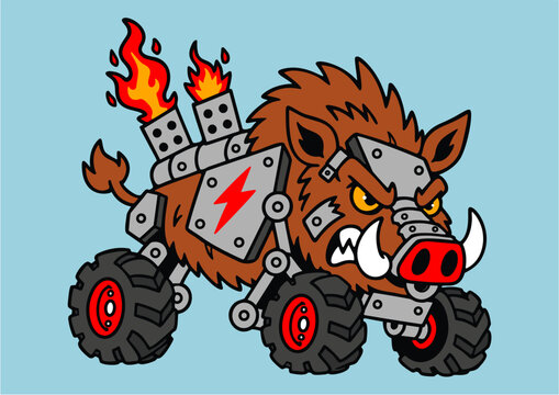 Robotic wild boar on wheels with flaming exhaust cartoon vector illustration
