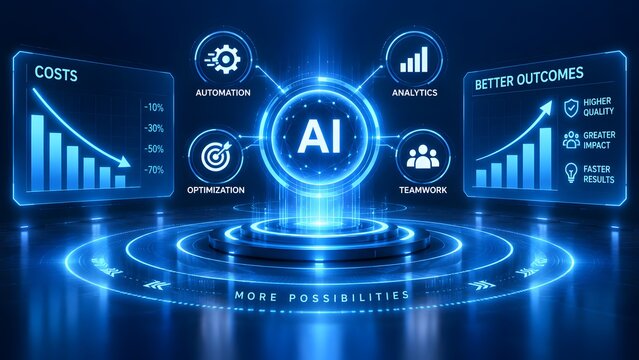 Blue digital artificial intelligence interface displaying performance metrics indicating cost reduction and better outcomes
