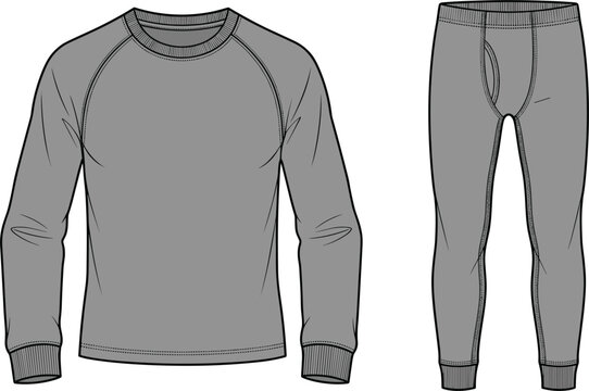 Blank grey thermal underwear set raglan long sleeve shirt and leggings pants vector illustration technical apparel sketch template