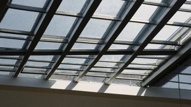 Modern architectural skylight ceiling with metal frame, geometric panels casting structured shadows, interior design
