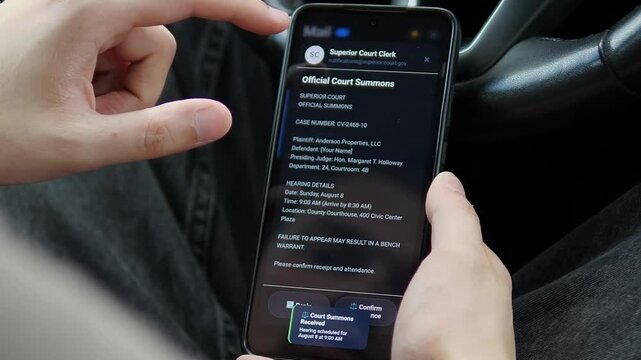 A user receives and opens a digital court summons on a smartphone, highlighting the shift toward electronic legal notices, mobile case communication and time-sensitive civic obligations.