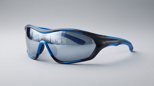 Sporty aerodynamic sunglasses with blue and black frame, professional athletic eyewear with silver mirrored lenses, protective cycling glasses on gray background