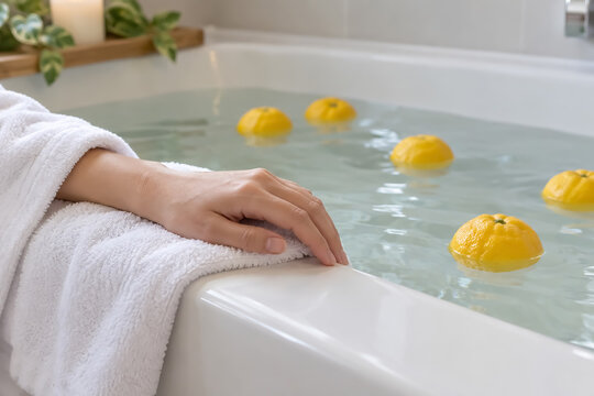 ゆず湯とタオルに添えた手元