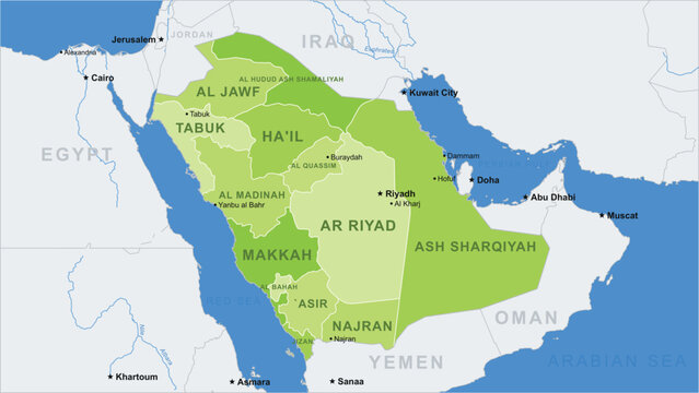 Detailed map of saudi arabia showing provinces and regional capitals
