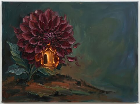 Burgundy dahlia with an illuminated architectural element and dark green backdrop