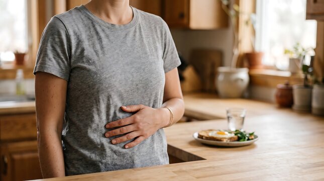 Woman holding her stomach in pain in a home kitchen with breakfast on the counter