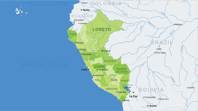 Map of peru with administrative departments and neighboring countries