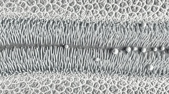 Airway surface with uniform cilia gently moving while a few small harmless particles slowly travel across the mucus layer
