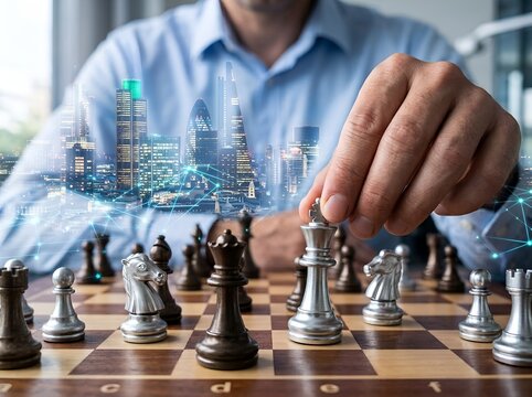 Chess game with city skyline background