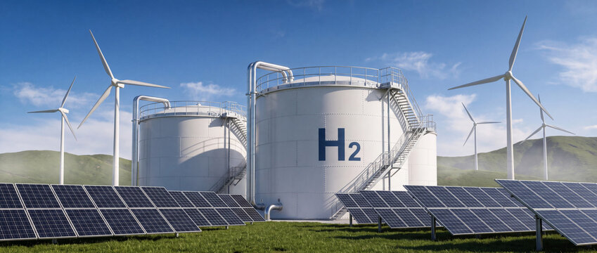 Hydrogen storage facility with solar panels and wind turbines on green hills under blue sky, representing renewable green energy infrastructure for sustainable industrial power