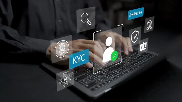 Digital KYC verification concept. Person using laptop with facial recognition scan, ID document verification checkmark and security shield icons, secure online identity onboarding.