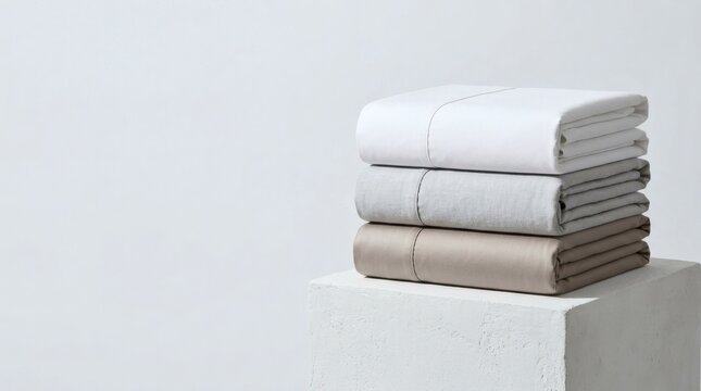 Stack of folded clean bed sheets on concrete pedestal