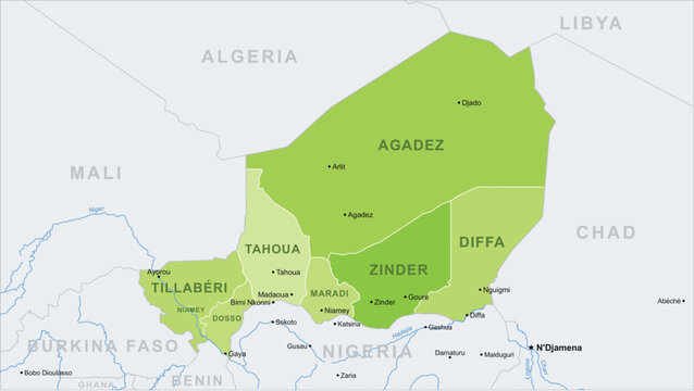 Political map of niger showing regions and neighboring countries