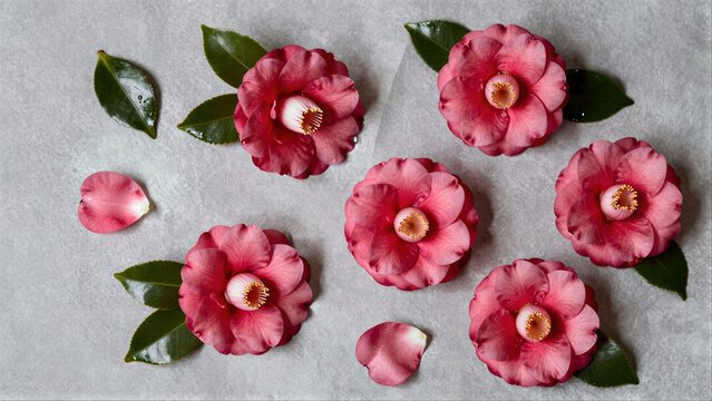 Pink camellias with green leaves on a soft gray background.