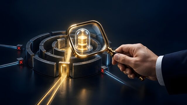 Magnifying glass examining stack of gold coins at center of dark metallic maze with glowing pathways and red X marks indicating dead ends