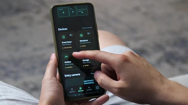 User controls smart home security from a smartphone, changing door and motion sensor status as connected safety, remote access and automated household protection become everyday habits.